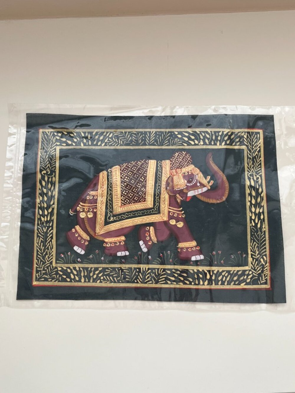 Indian Gold Elephant painting on silk paper ornate historical mughal desi art